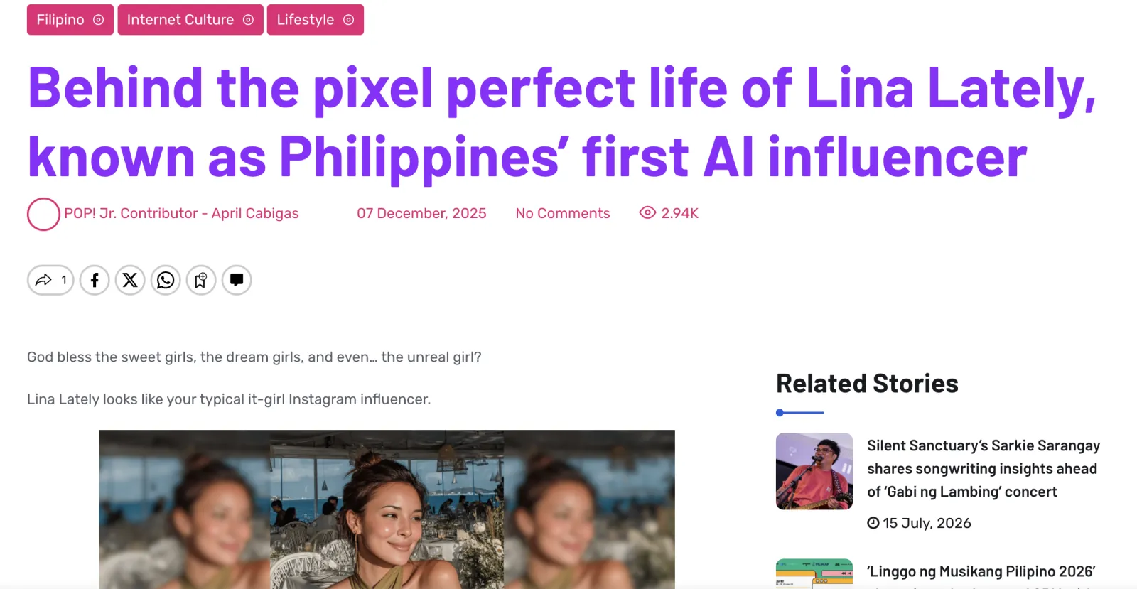 Screenshot of the published Inquirer POP Lina Lately feature
