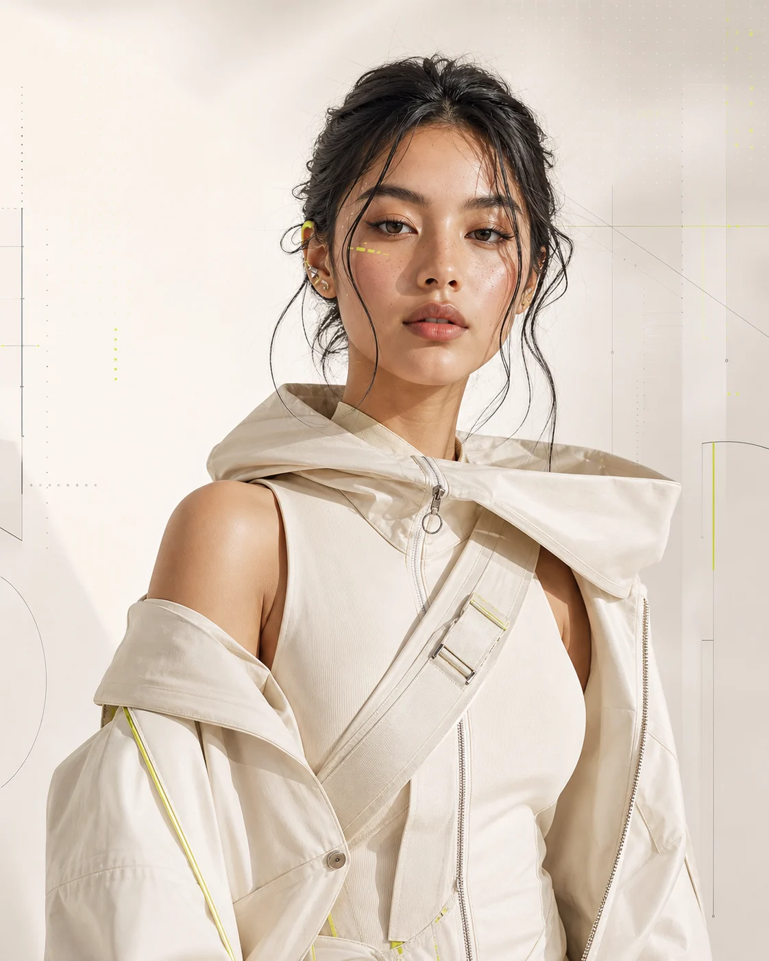 Fictional Filipina digital influencer in a light futuristic editorial portrait