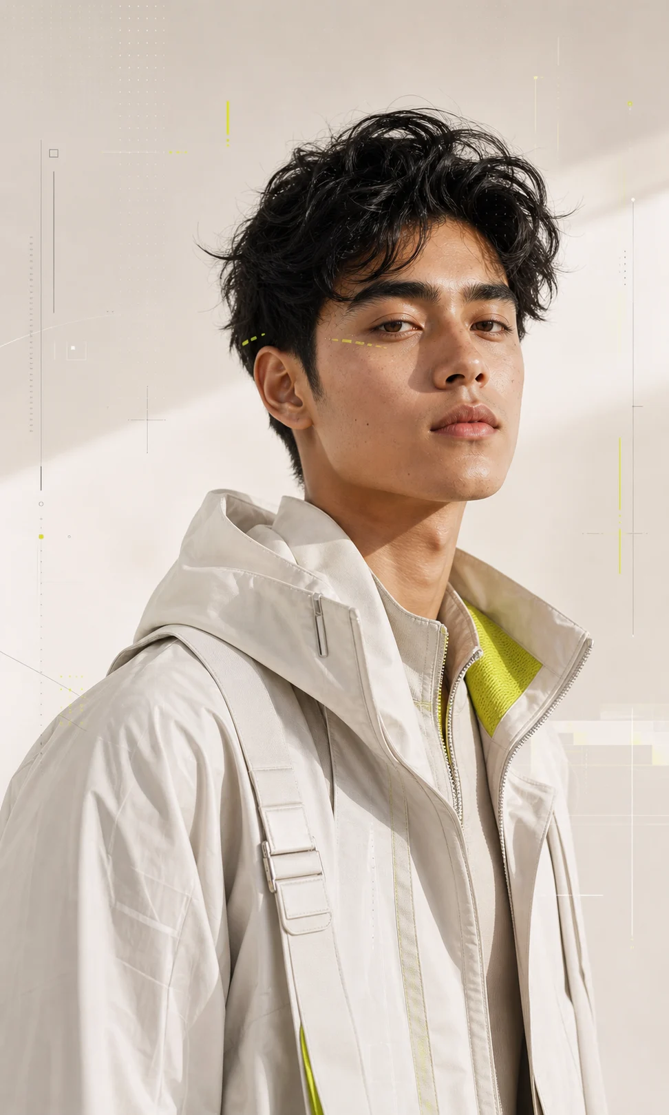 Fictional Southeast Asian digital influencer in a light futuristic editorial portrait