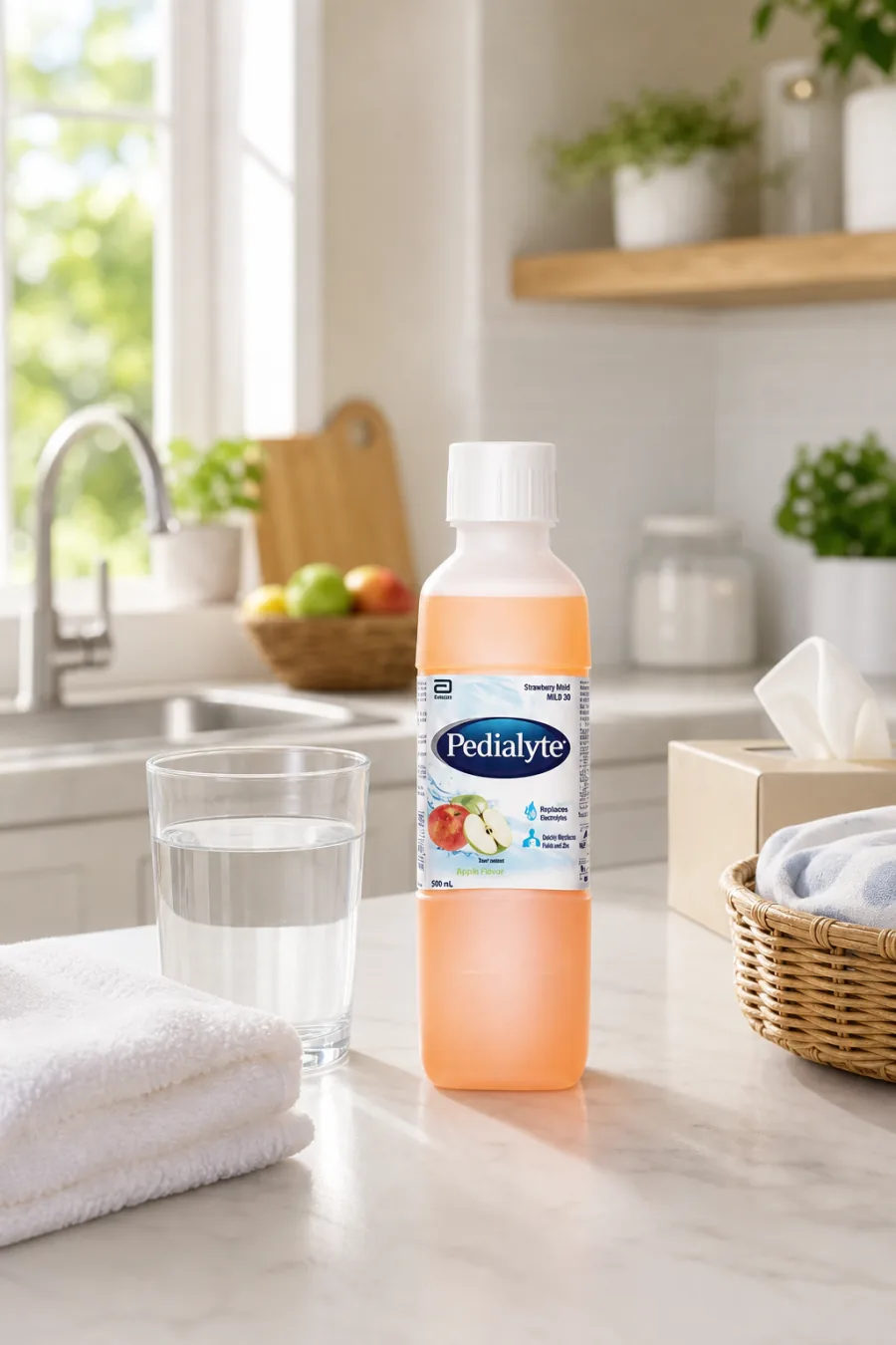 Pedialyte product campaign photographed in a bright kitchen